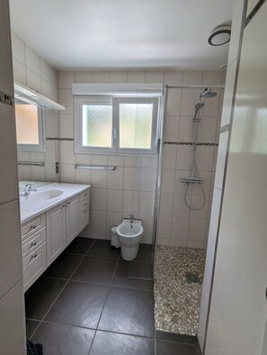 Shower, free toiletries, hair dryer, bidet