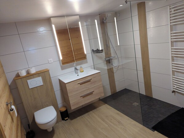 Shower, free toiletries, hair dryer, bidet