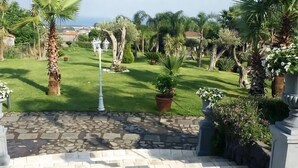 A well-maintained garden with a stone pathway leading to a white fence.