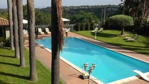 A rectangular swimming pool with a paved deck, surrounded by palm trees and a well-maintained lawn.