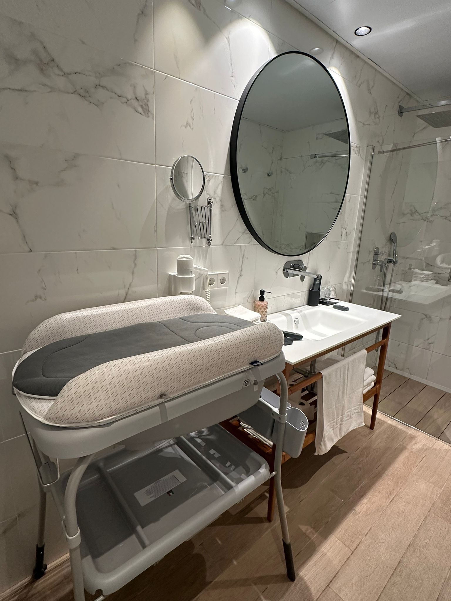Shower, rainfall showerhead, hair dryer, bathrobes
