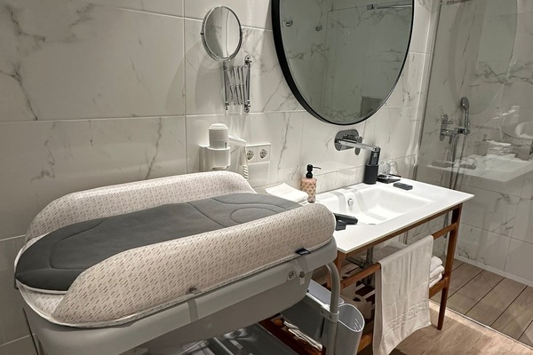 Shower, rainfall showerhead, hair dryer, bathrobes