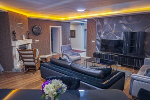 A modern living room with a fireplace, comfortable seating, and a television. - Calm In Sapanca (Sapanca)