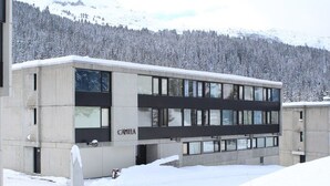 A modern building with the name "CAPELLA" on its facade, surrounded by snow-covered trees and mountains.