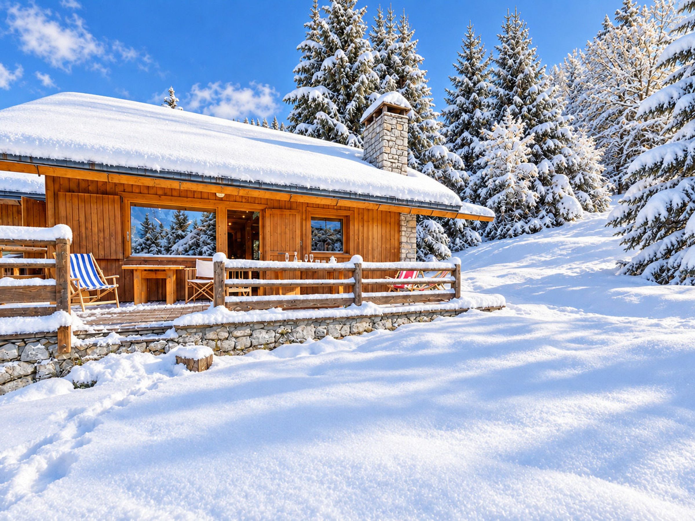 A wooden cabin with a stone foundation, a covered porch, and a view of snow-covered trees.