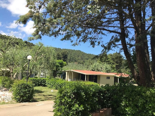 A building with a red roof, surrounded by lush greenery and trees.