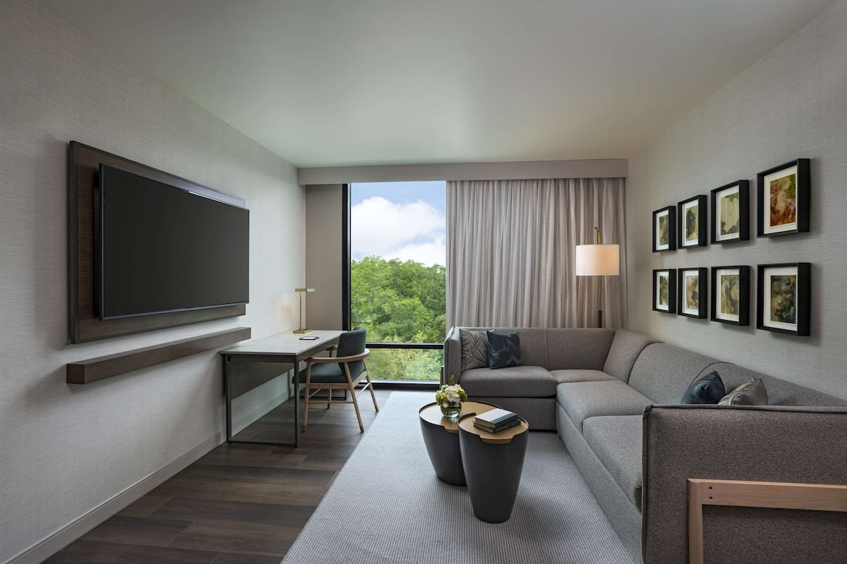 A modern hotel room with a large flat-screen TV, a sofa, a desk with a chair, and a large window offering a view of greenery.