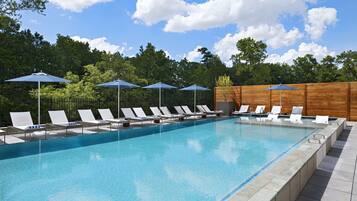 A swimming pool with lounge chairs and umbrellas, surrounded by a wooden fence and trees.