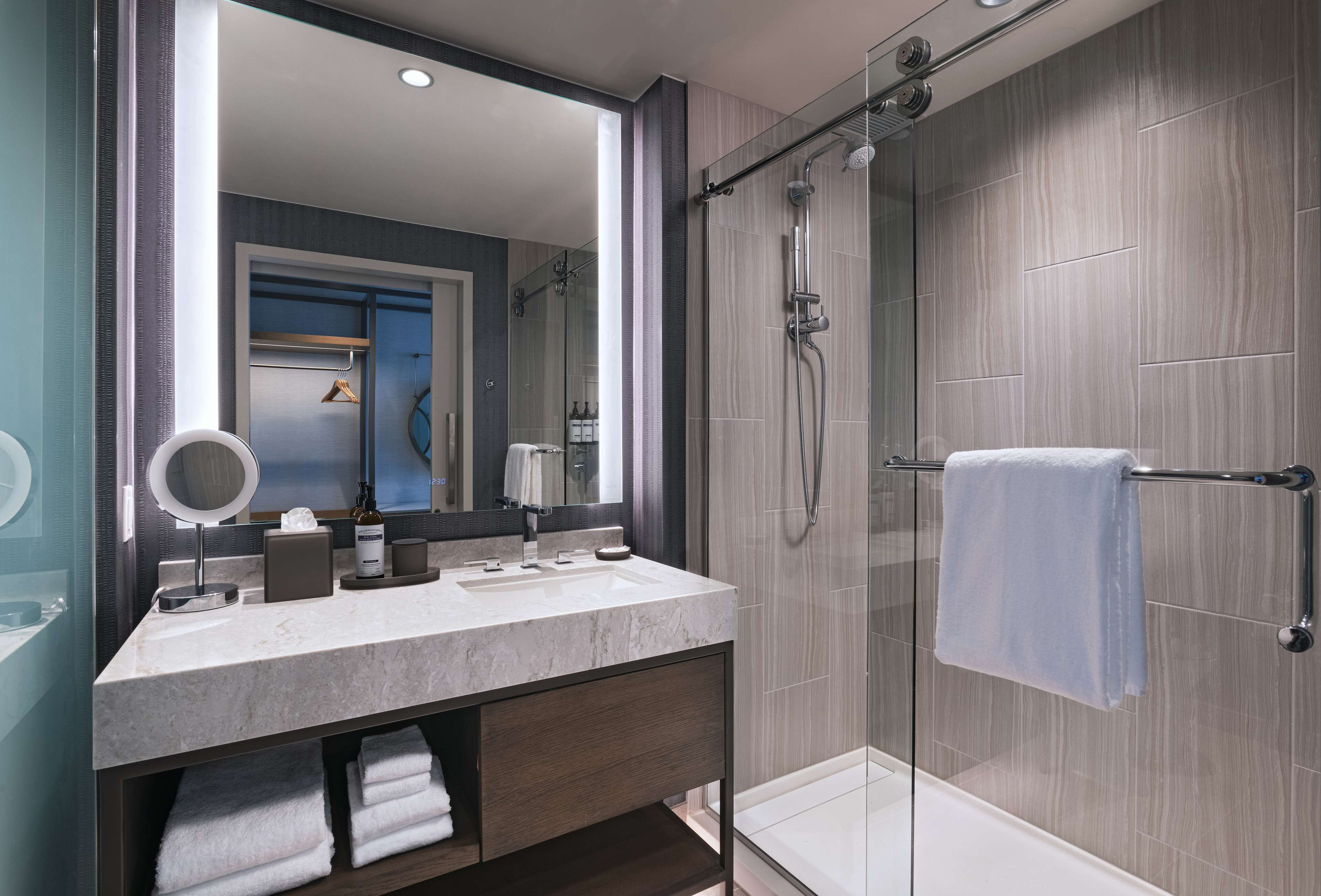 A modern bathroom with a glass-enclosed shower, a vanity with a mirror, and a towel rack.