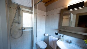 A bathroom with a glass-enclosed shower, a toilet, a sink, and a mirror. - TEVERONE SUITES & WELLNESS - Camera Gallo Forcello (Lamosano)