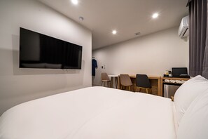 Desk, laptop workspace, blackout curtains, soundproofing