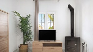 Un salon avec un téléviseur, une plante, une cheminée et une fenêtre donnant sur un beau paysage.