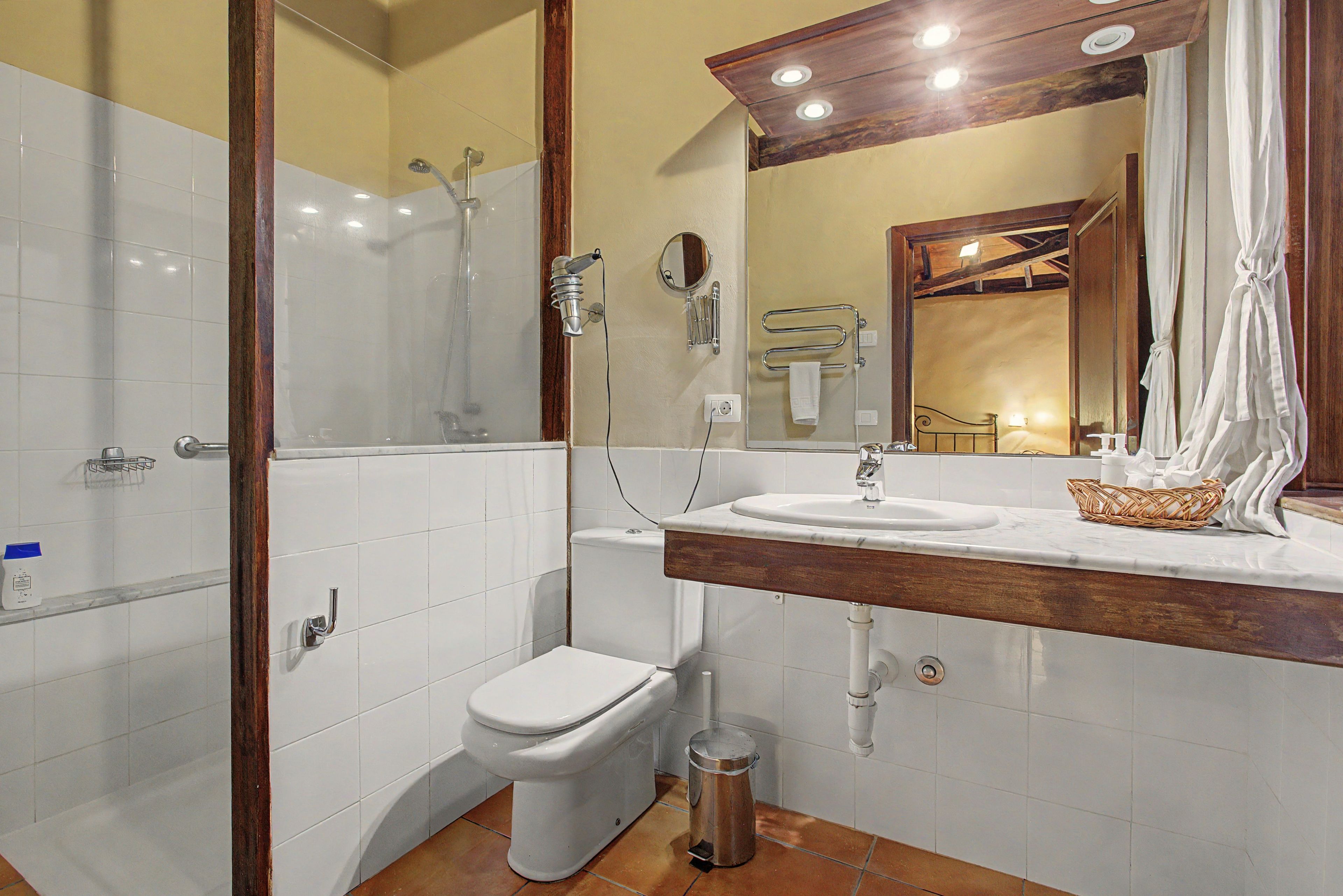 Een badkamer met een douche, toilet, wastafel en spiegel.