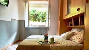 Une chambre à coucher avec un lit, une fenêtre, un radiateur et une bibliothèque.