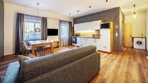 A modern apartment with a dining area, kitchenette, sofa, and a washing machine.