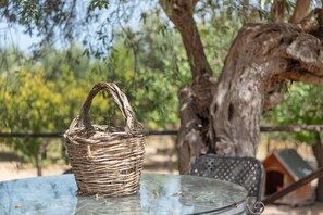 Un panier en osier posé sur une table en verre à l’extérieur, avec un arbre et une chaise en arrière-plan.