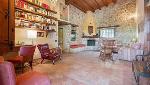 A cozy interior with a stone fireplace, wooden bookshelves, and comfortable seating. - Casa Degli Ulivi with sea view, Wi-Fi, and pet-friendly accommodation (Collesano)