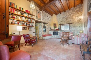 A cozy interior with a stone fireplace, wooden bookshelves, and comfortable seating. - Casa Degli Ulivi with sea view, Wi-Fi, and pet-friendly accommodation (Collesano)