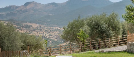 A swimming pool with a wooden fence and a view of mountains in the background.
