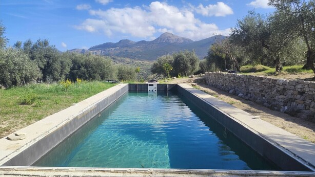 A rectangular pool with clear water, surrounded by stone walls and greenery, with mountains in the background. - Casa Degli Ulivi with sea view, Wi-Fi, and pet-friendly accommodation (Collesano)