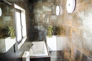 Bathtub, hair dryer, towels, soap