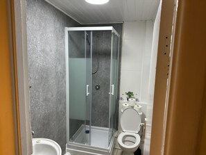 Een badkamer met een douchecabine van glas, een toilet en een wastafel.