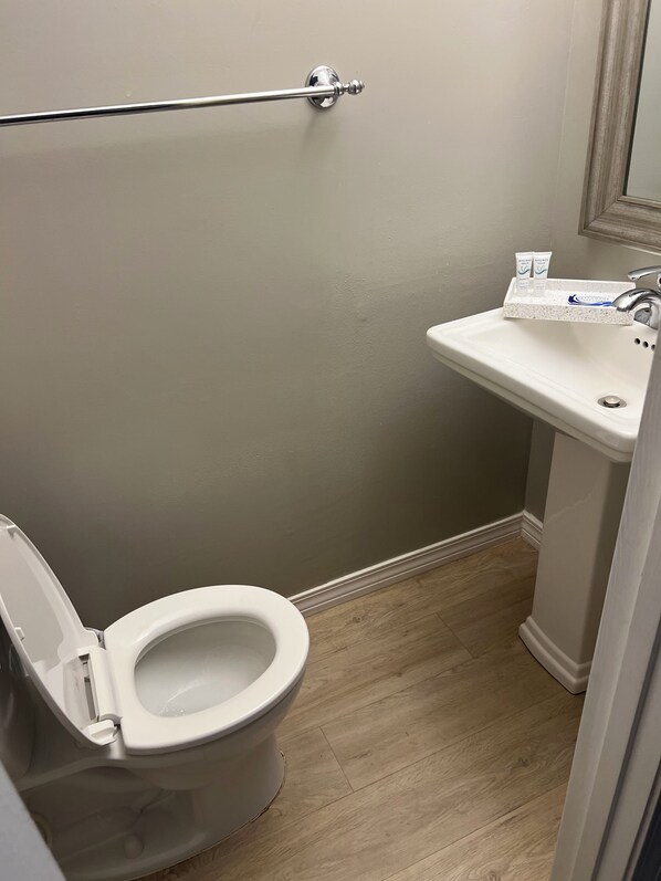 A bathroom with a white toilet, a sink with toiletries, and a wooden floor.