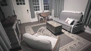 Smart TV, fireplace, books