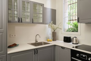 A modern kitchen with grey cabinets, a stainless steel sink, a toaster, and a kettle. - Casa Cosi - Don Bajos (Barcelona)