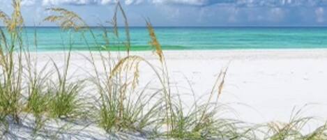 On the beach, sun-loungers, beach towels