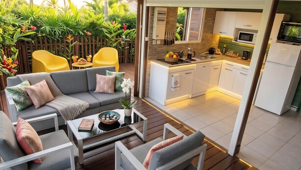 Un espacio exterior moderno con sala, sillones y una mesa de centro.