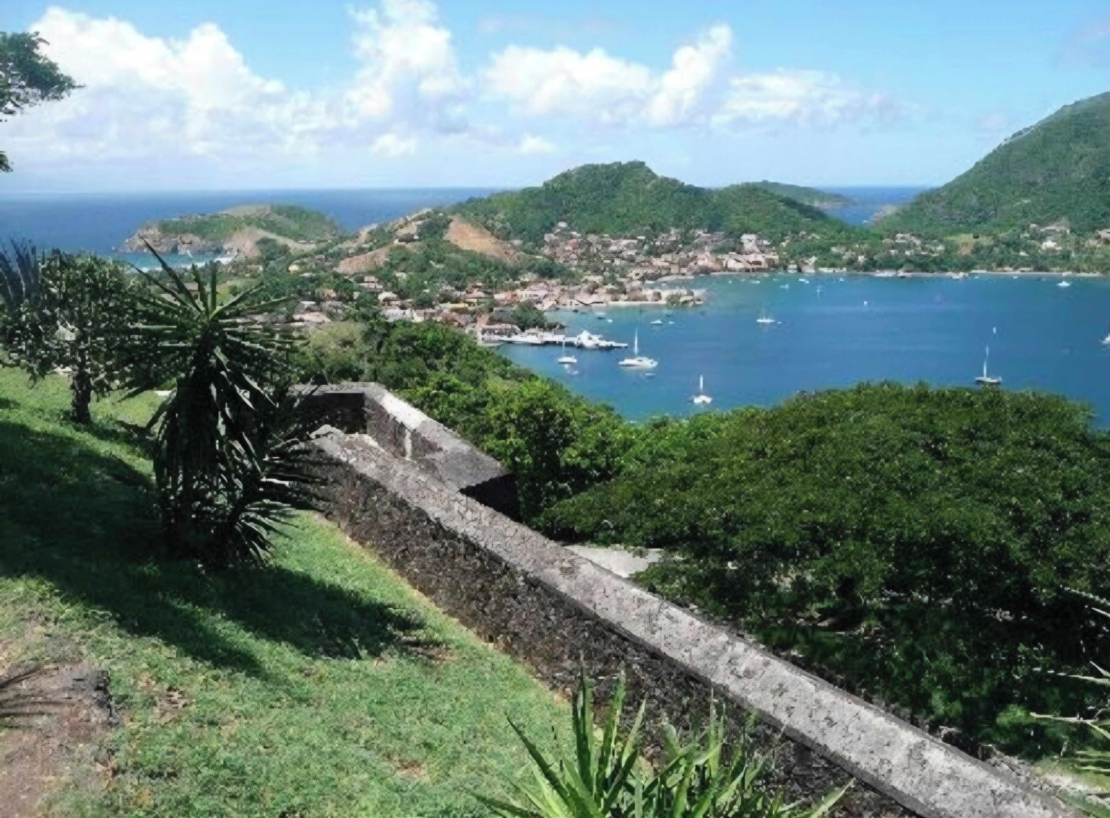 A coastal town with a view of the sea, a stone wall, and lush greenery.