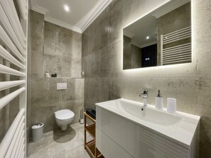 Shower, hair dryer, towels, soap