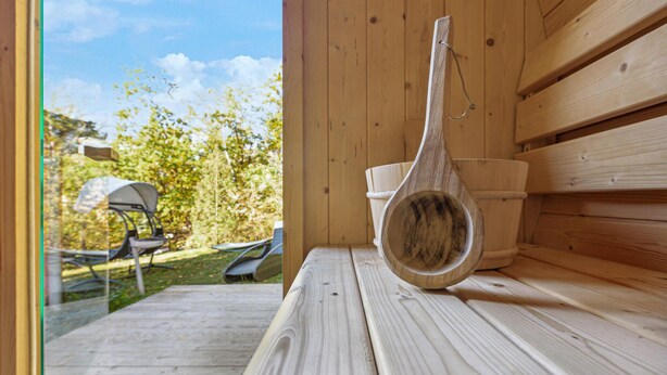 A wooden bench with a rustic wooden spoon on it, set against a wooden wall, with a view of a garden and outdoor seating area visible through an open door. - Amazing home in Zeulenroda-Triebes with sauna (Zeulenroda-Triebes)