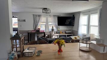 Smart TV, fireplace, books, computer monitors
