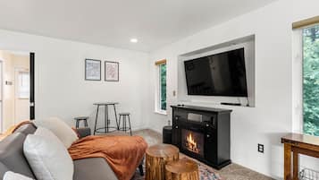 Una sala de estar moderna con chimenea, un sofá, un televisor y una mesita.