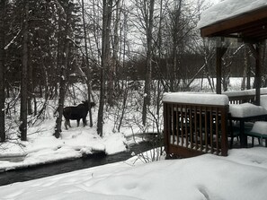 A snow-covered deck with a wooden railing, a bench, and a small table. - Creekside Retreat, King Bed Near Downtown & Trails, sleeps 14! (Anchorage)