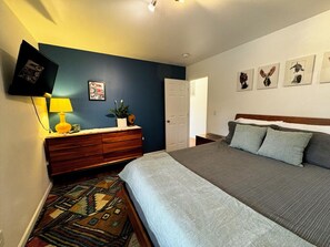 2 bedrooms, memory-foam beds, desk, iron/ironing board