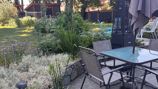Ein sonniger Außenbereich mit Terrasse, Tisch und Stühlen, umgeben von einem Garten mit verschiedenen Pflanzen und einem großen Terrakotta-Topf.