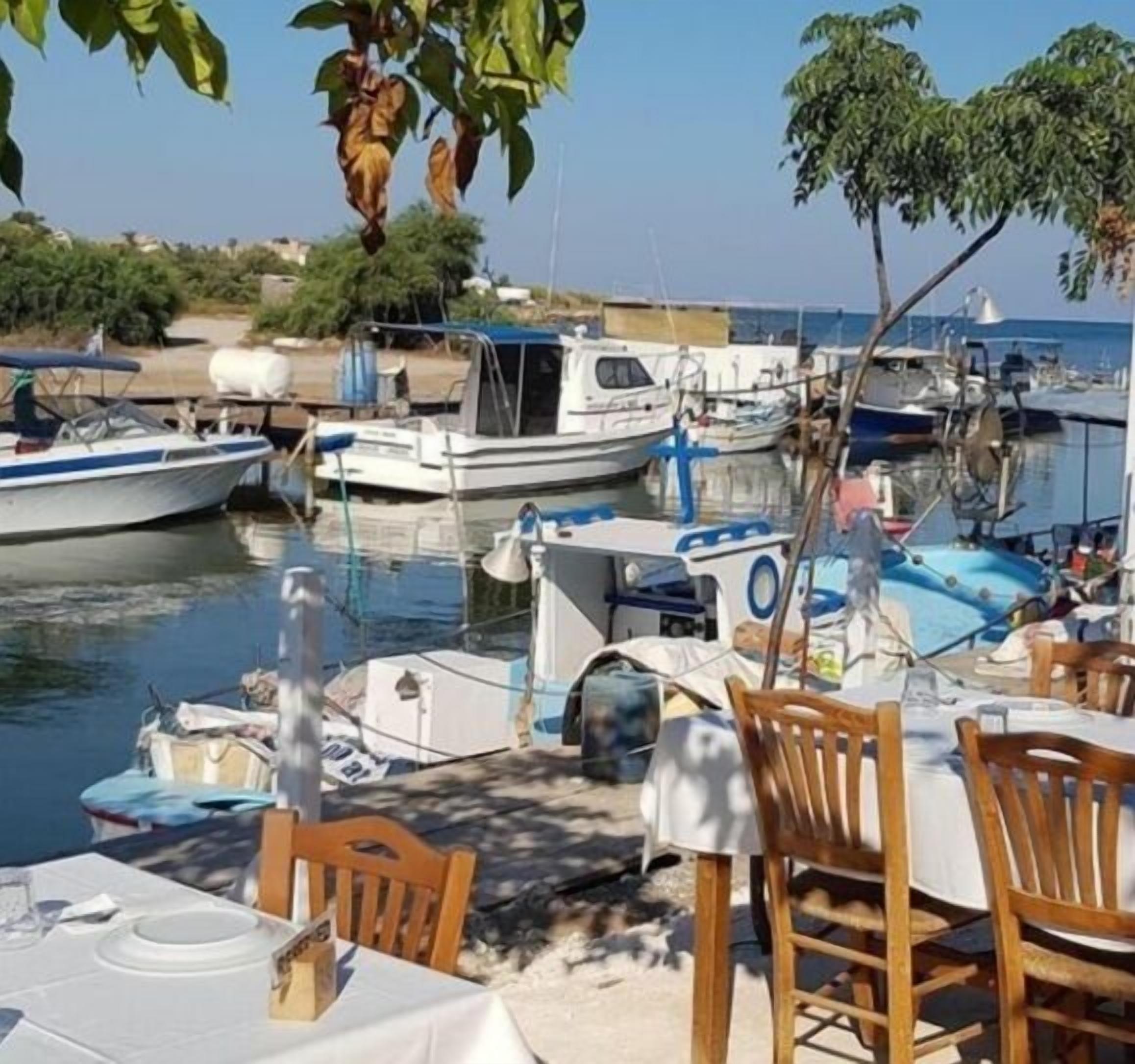 A waterfront restaurant with outdoor seating, boats docked nearby, and a clear view of the water.