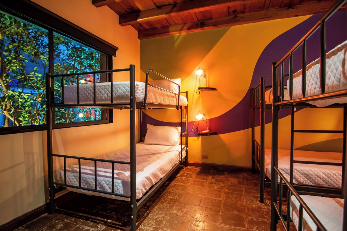 A bunk room with two beds, a window with a view of trees, and a wall-mounted lamp.