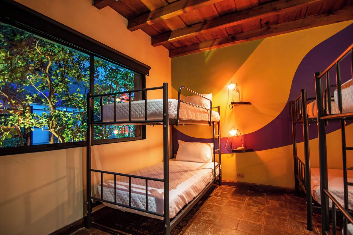 A bunk bed room with a window overlooking a garden, a wall-mounted lamp, and a wooden ceiling.