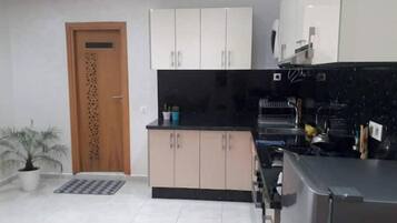 Fridge, oven, stovetop, cookware/dishes/utensils