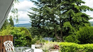 A patio with white chairs and a table, surrounded by greenery and a view of trees and hills. - Guest house Leonidas (Stromberg)