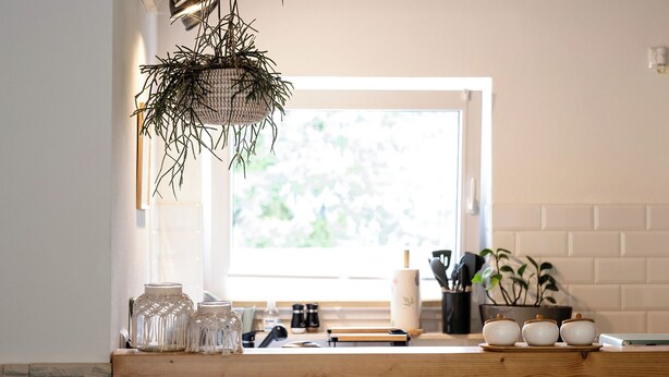 A kitchen with a hanging plant, a window, and a wooden countertop with jars and kitchen utensils. - Guest house Leonidas (Stromberg)