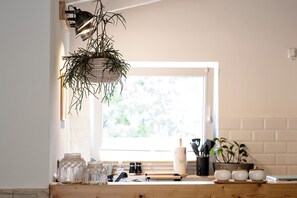 A kitchen with a hanging plant, a window, and a wooden countertop with jars and kitchen utensils. - Guest house Leonidas (Stromberg)