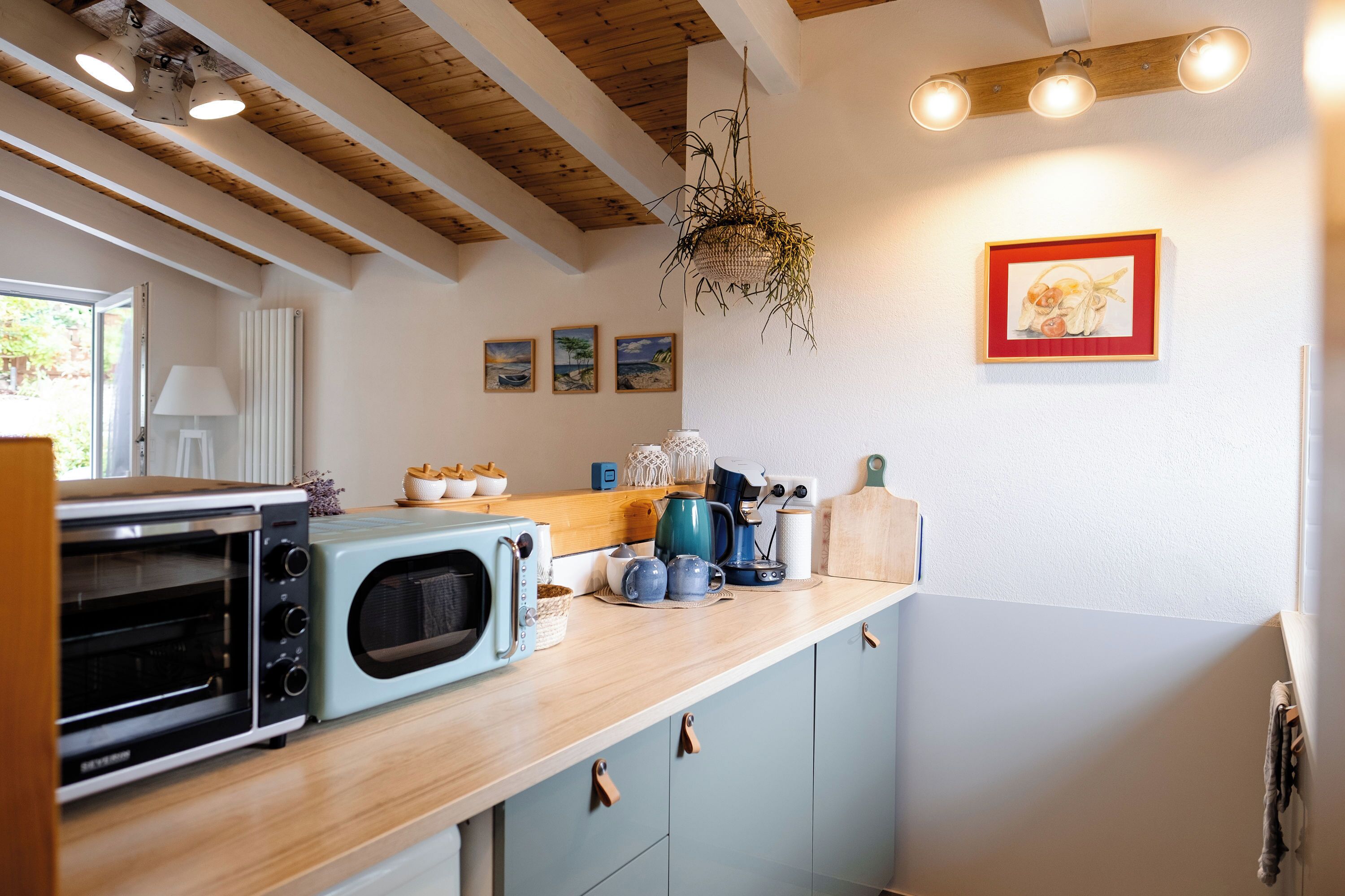 A kitchen with a wooden ceiling, a microwave, a toaster, and a hanging plant.