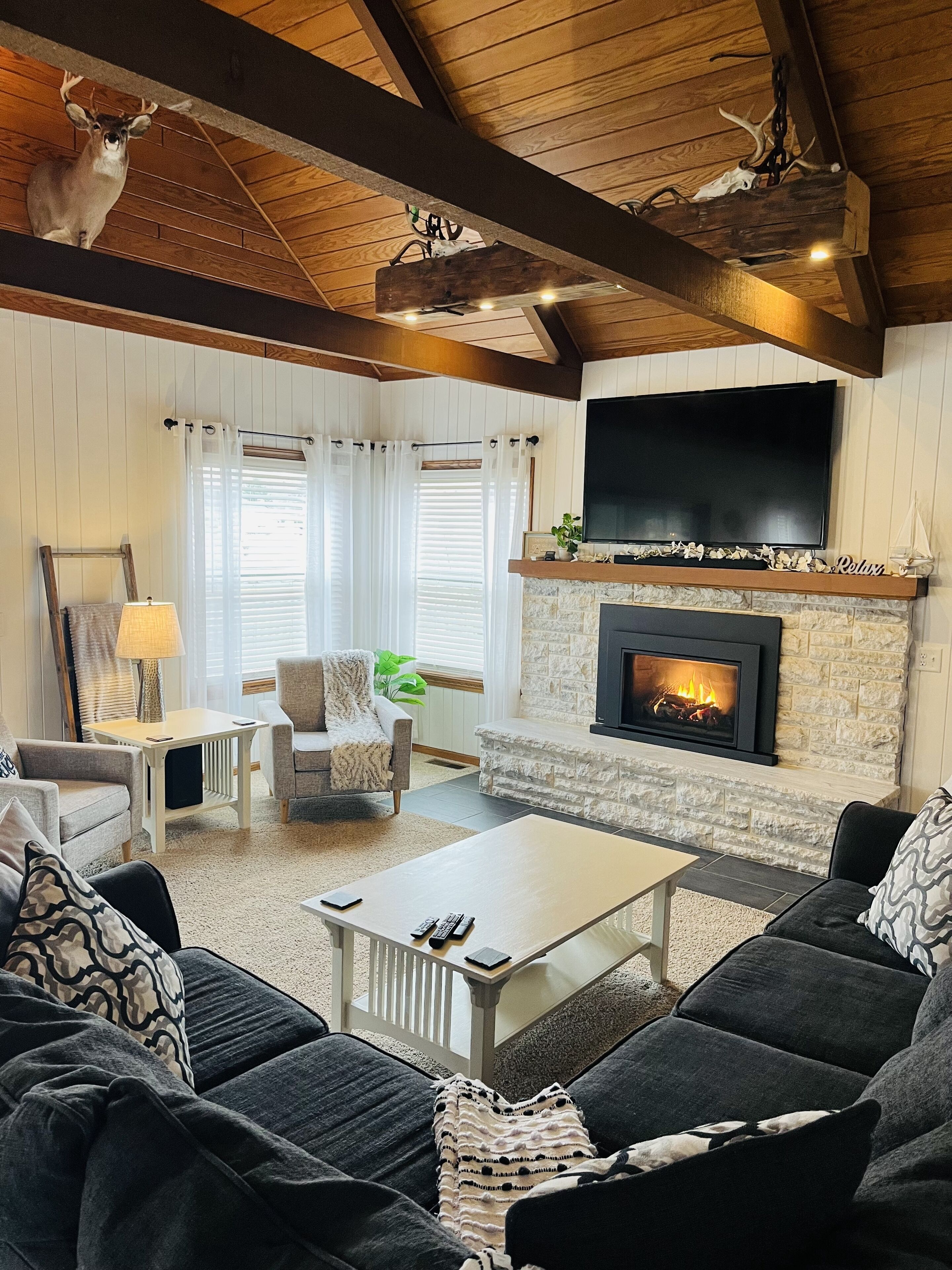 TV connectée, cheminée, lecteur de DVD, baby-foot