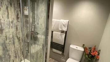 A modern bathroom with a glass-enclosed shower, a toilet, and a sink.