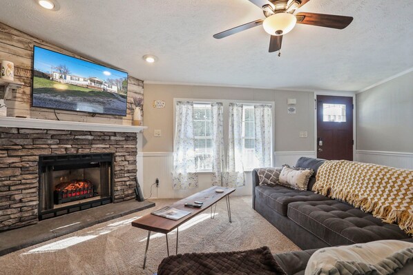 Smart TV, chimenea y libros 